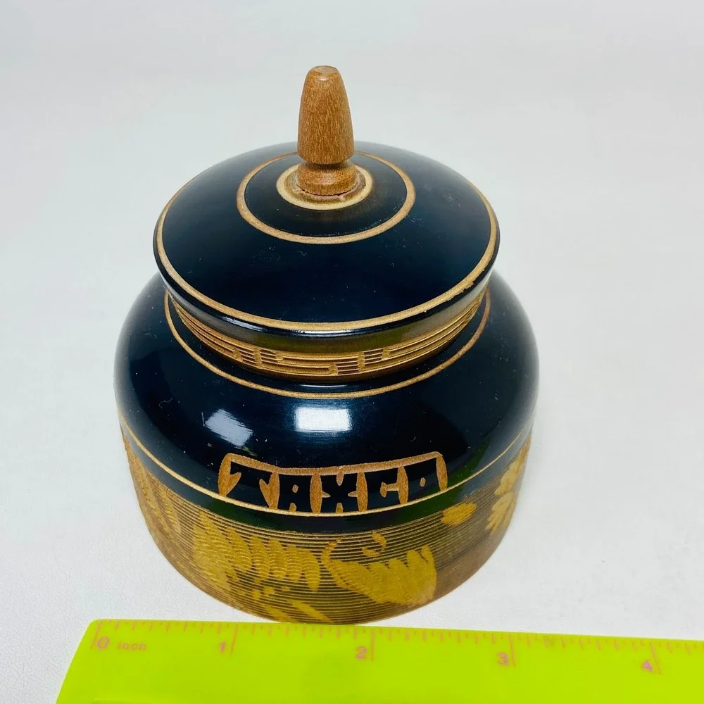 VTG Taxco Mexico Handmade Turned Black Floral Wood Lacquer Trinket Jewelry‎ Box